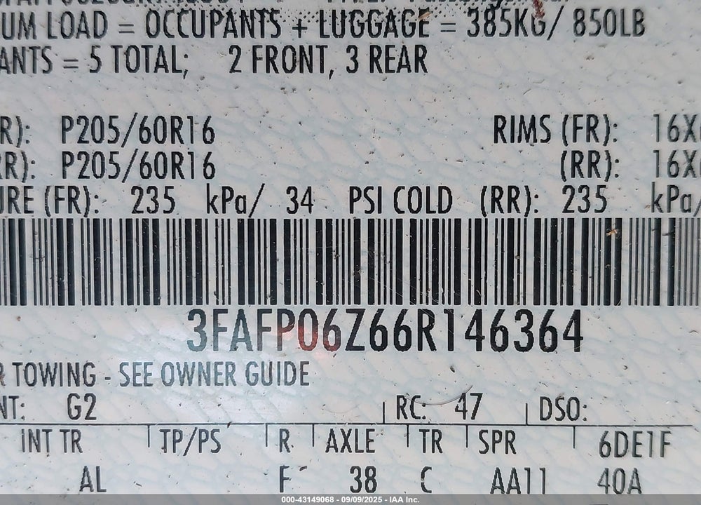 2006 FORD FUSION S VIN: 3FAFP06Z66R146364