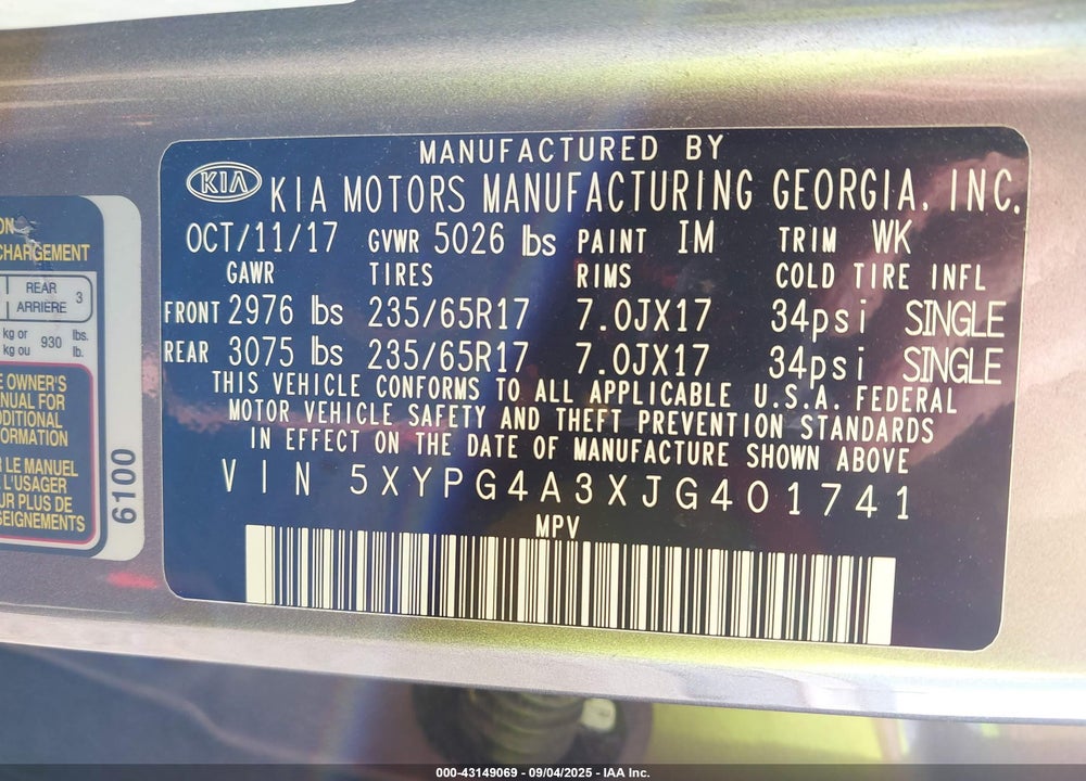 2018 KIA SORENTO VIN: 5XYPG4A3XJG401741