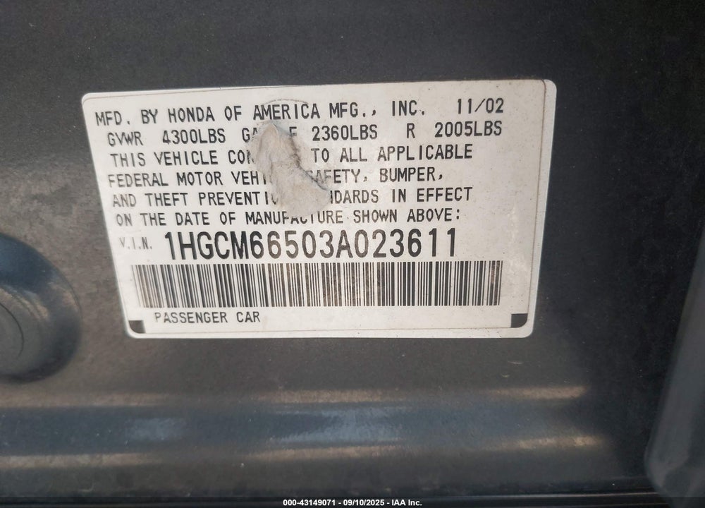 2003 HONDA ACCORD 3.0 EX VIN: 1HGCM66503A023611