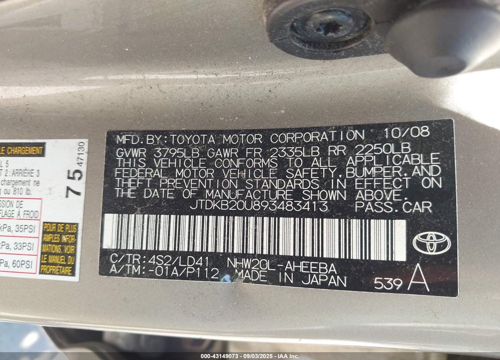 2009 TOYOTA PRIUS VIN: JTDKB20U893483413