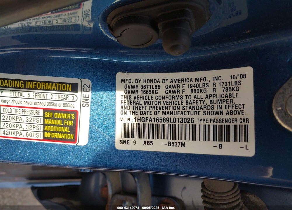 2009 HONDA CIVIC VIN: 1HGFA16589L013026