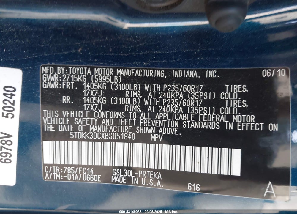 2011 TOYOTA SIENNA LE V6 VIN: 5TDKK3DCXBS051840