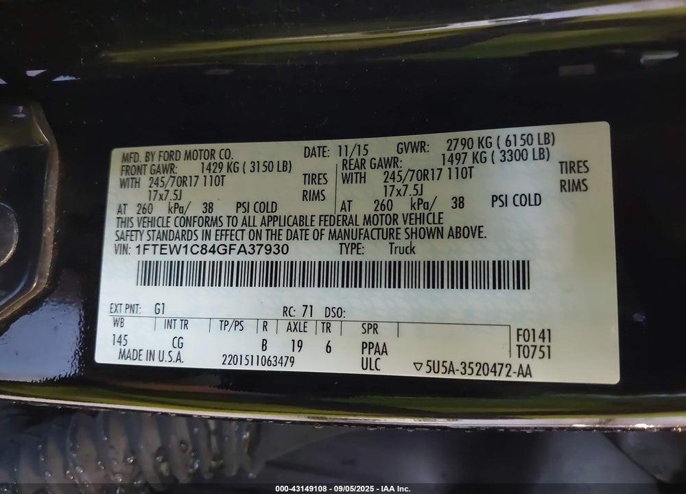 2016 FORD F-150 VIN: 1FTEW1C84GFA37930