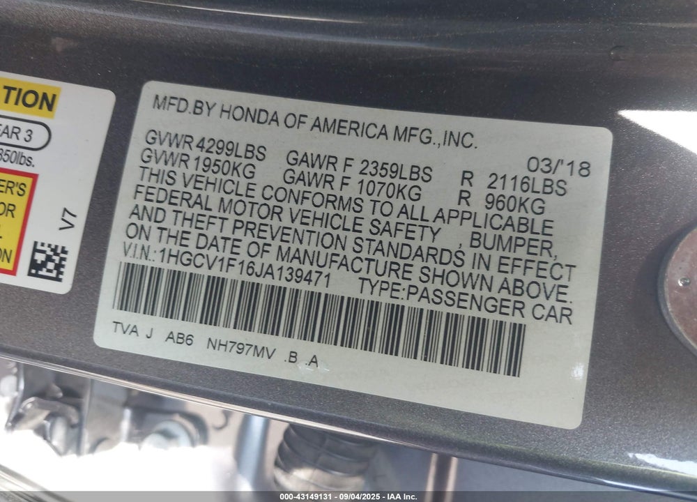 2018 HONDA ACCORD VIN: 1HGCV1F16JA139471