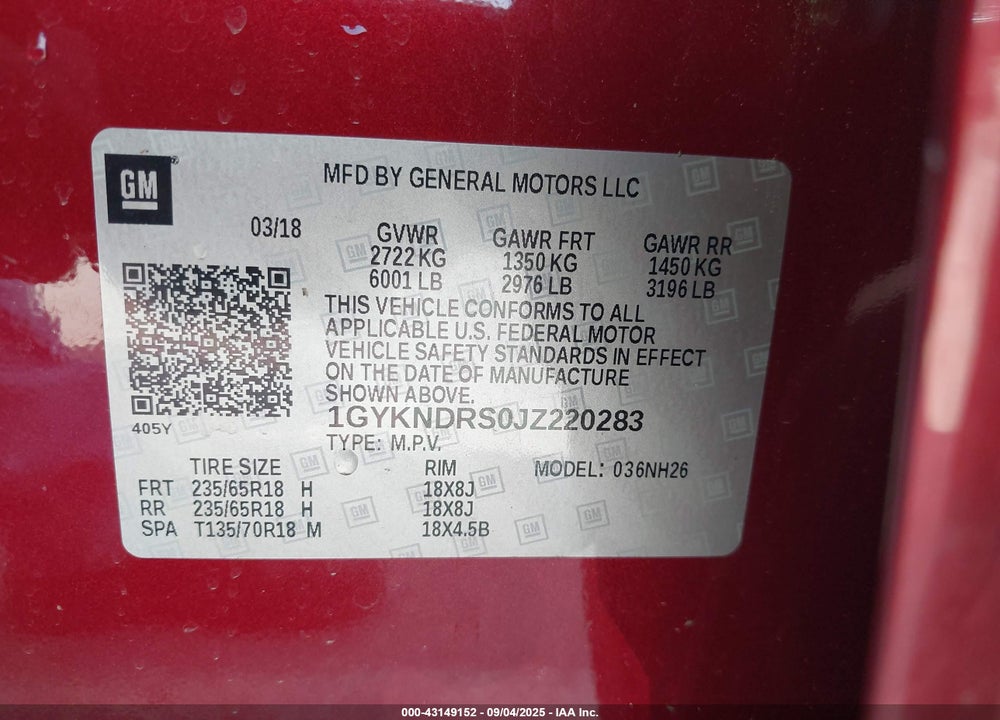 2018 CADILLAC XT5 VIN: 1GYKNDRS0JZ220283