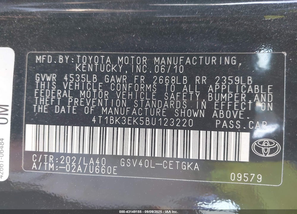 2011 TOYOTA CAMRY VIN: 4T1BK3EK5BU123220