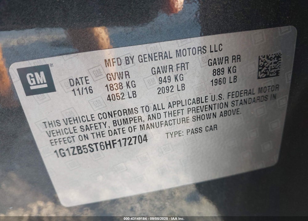 2017 CHEVROLET MALIBU VIN: 1G1ZB5ST6HF172704
