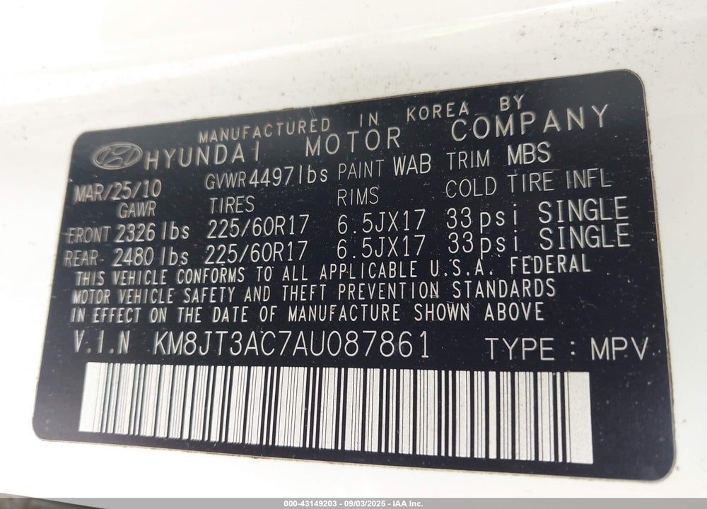 2010 HYUNDAI TUCSON VIN: KM8JT3AC7AU087861