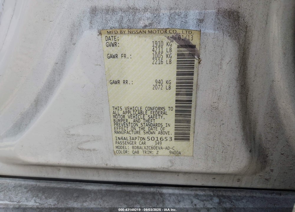 2013 NISSAN ALTIMA VIN: 1N4AL3AP7DN501653