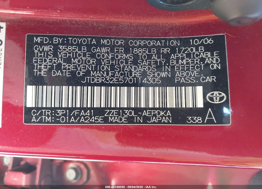 2007 TOYOTA COROLLA CE VIN: JTDBR32E570114305