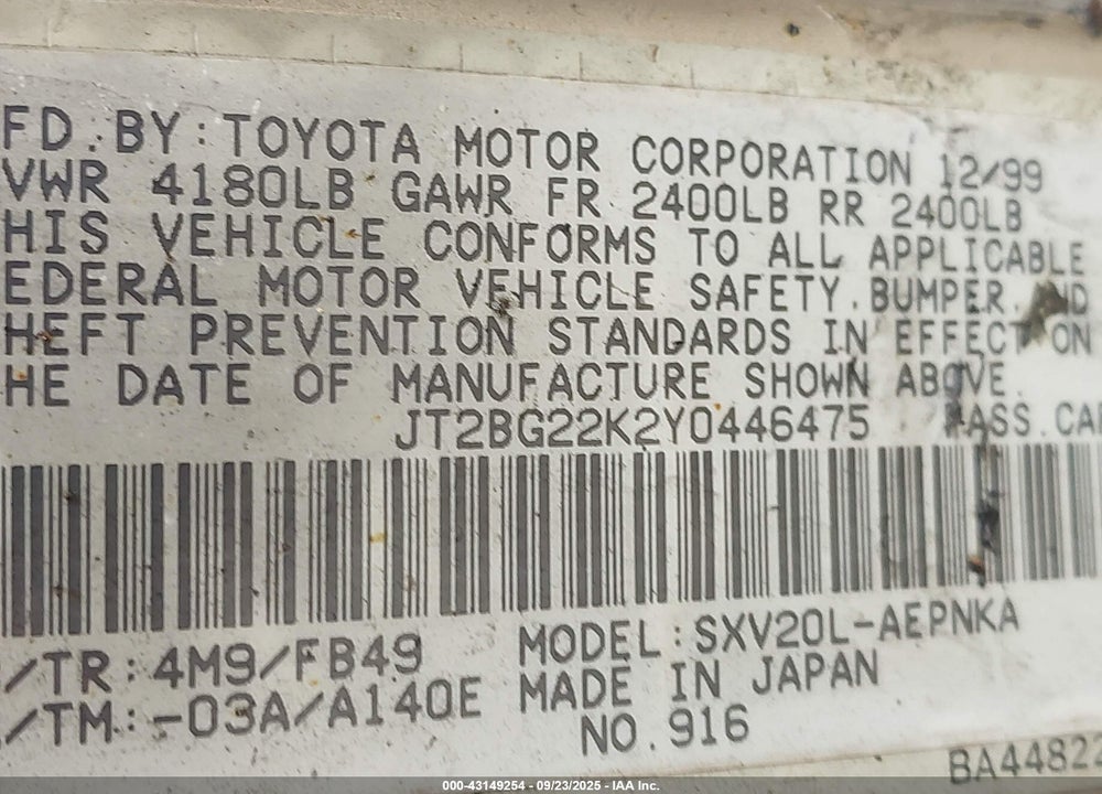 2000 TOYOTA CAMRY LE VIN: JT2BG22K2Y0446475