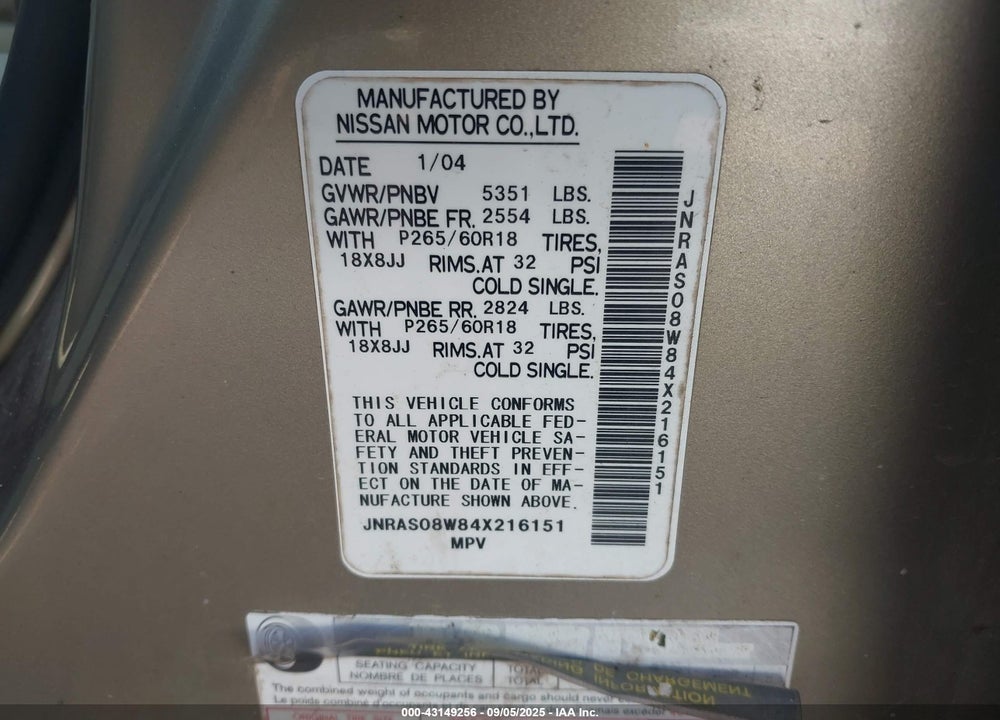 2004 INFINITI FX35 VIN: JNRAS08W84X216151