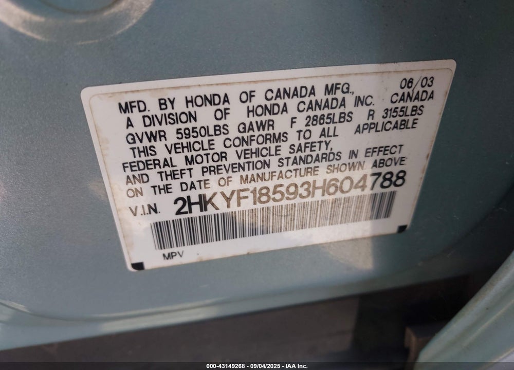 2003 HONDA PILOT EX-L VIN: 2HKYF18593H604788