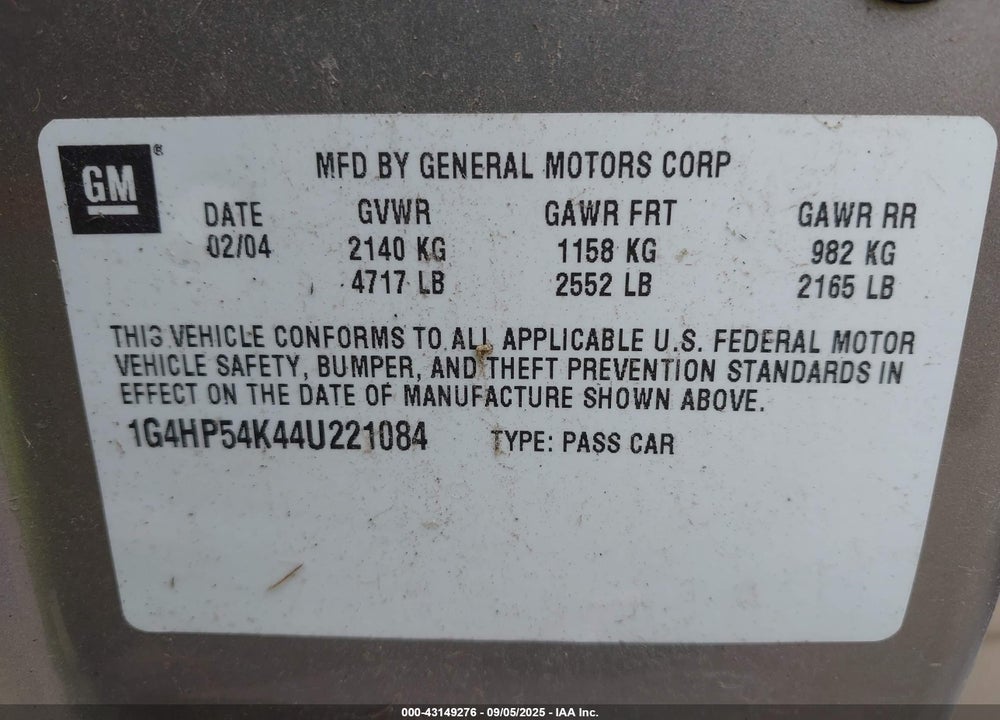 2004 BUICK LESABRE CUSTOM VIN: 1G4HP54K44U221084