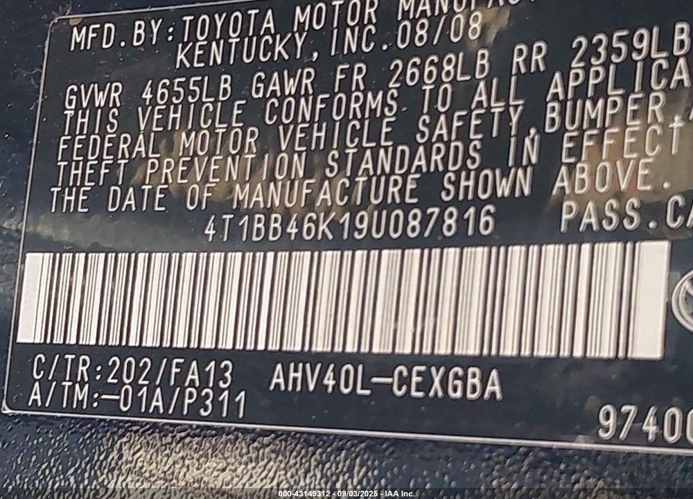 2009 TOYOTA CAMRY HYBRID VIN: 4T1BB46K19U087816