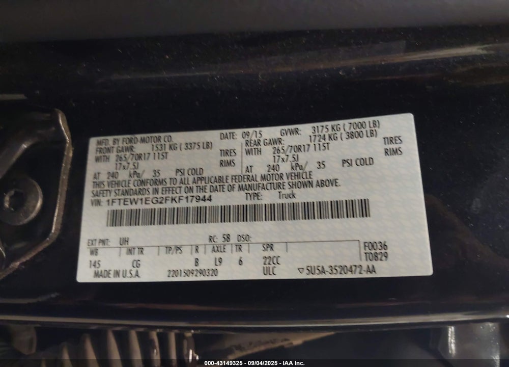 2015 FORD F-150 XL VIN: 1FTEW1EG2FKF17944