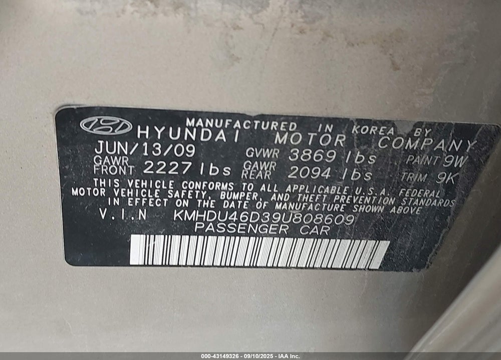 2009 HYUNDAI ELANTRA VIN: KMHDU46D39U808609