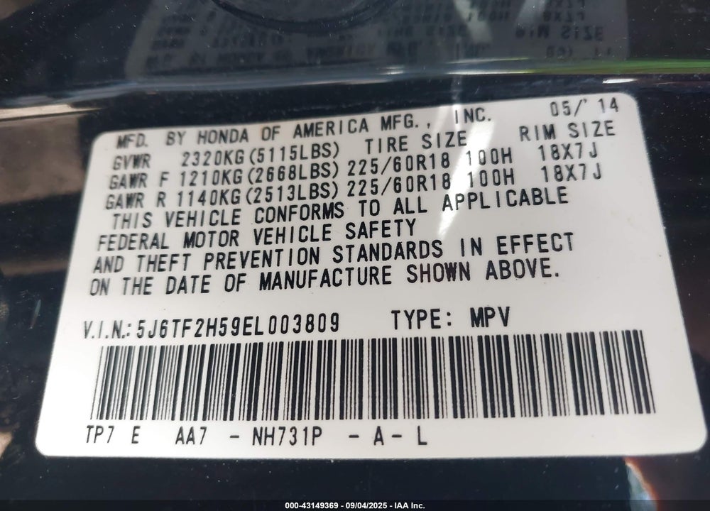 2014 HONDA CROSSTOUR VIN: 5J6TF2H59EL003809
