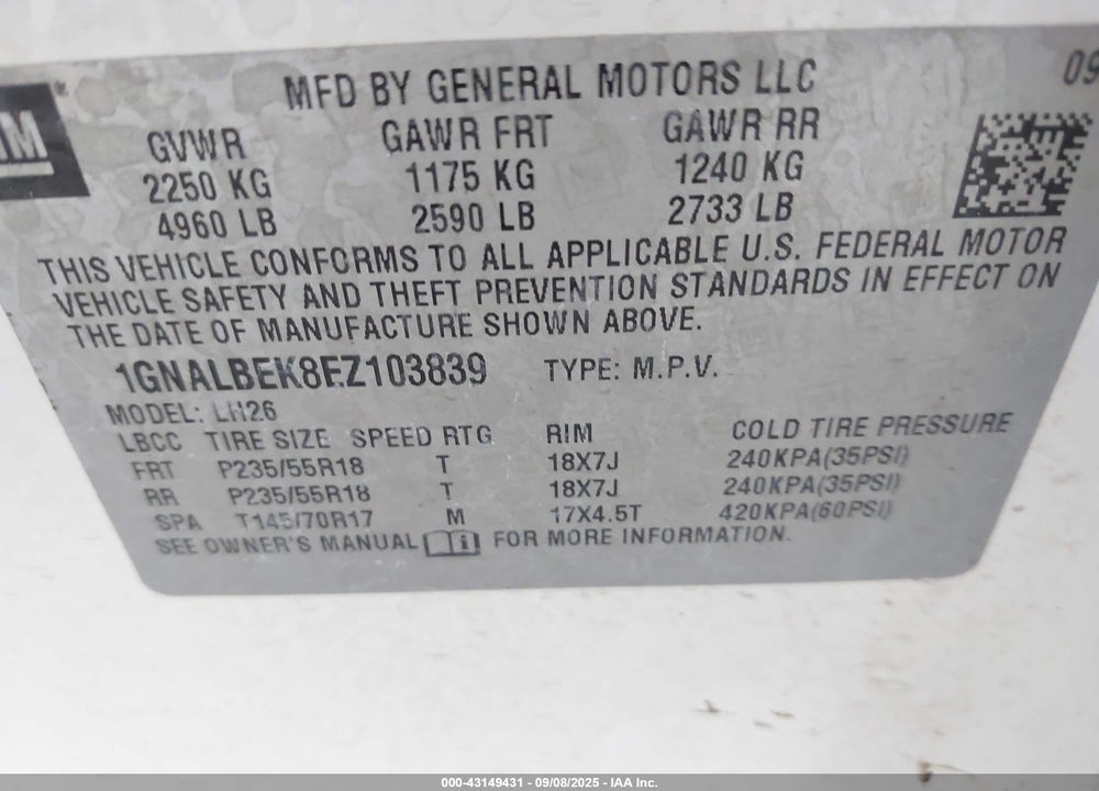 2014 CHEVROLET EQUINOX VIN: 1GNALBEK8EZ103839