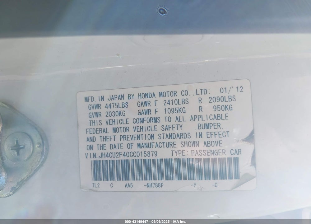 2012 ACURA TSX 2.4 VIN: JH4CU2F40CC015879