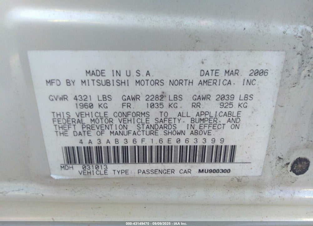2006 MITSUBISHI GALANT VIN: 4A3AB36F16E063399