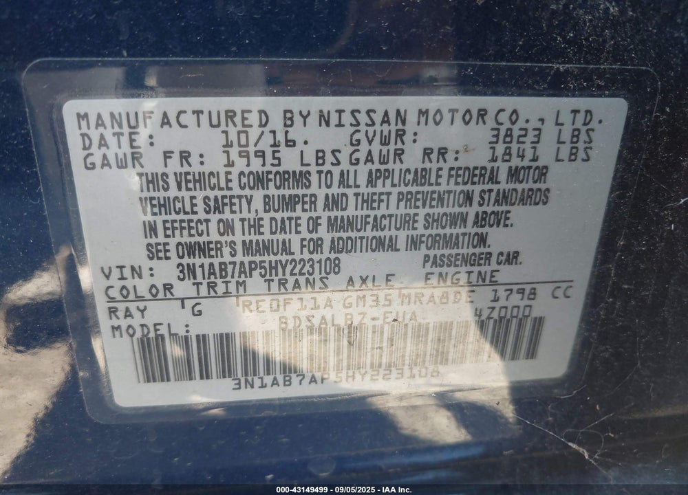 2017 NISSAN SENTRA VIN: 3N1AB7AP5HY223108