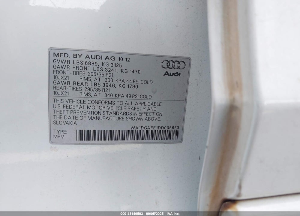 2013 AUDI Q7 3.0T S LINE PRESTIGE VIN: WA1DGAFE1DD006663