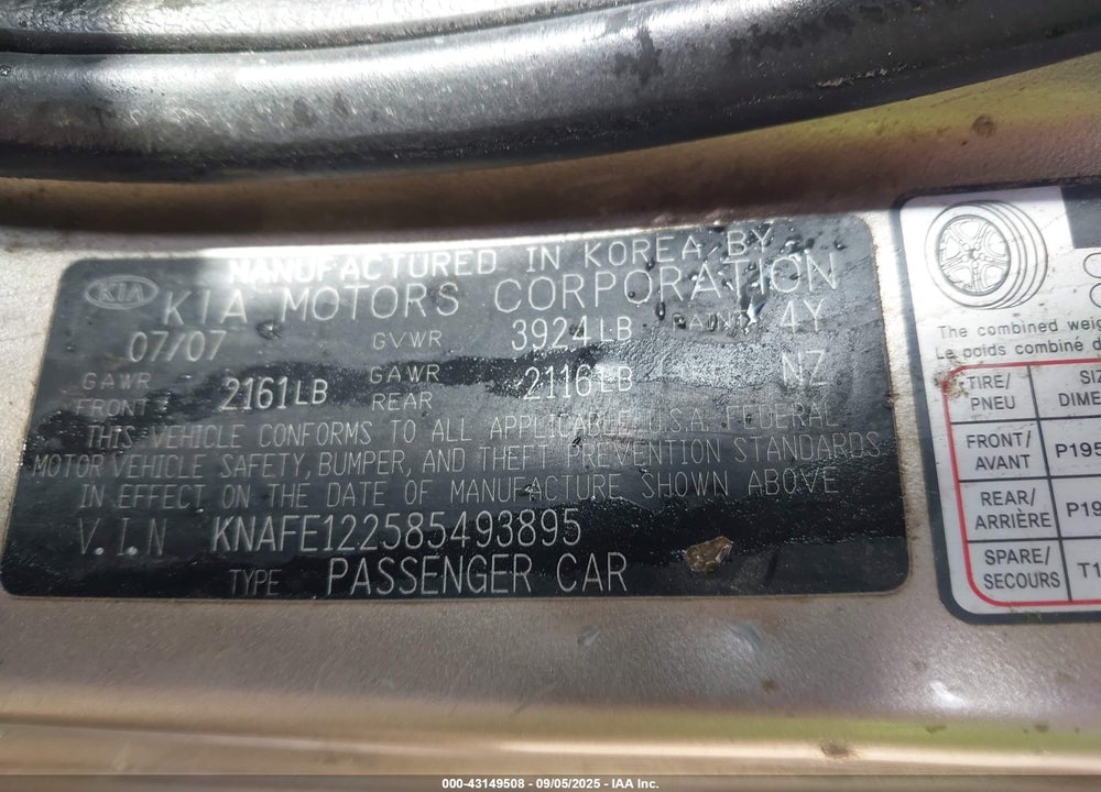 2008 KIA SPECTRA EX VIN: KNAFE122585493895