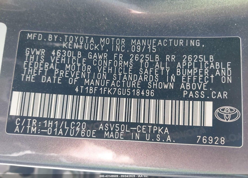 2016 TOYOTA CAMRY VIN: 4T1BF1FK7GU518496