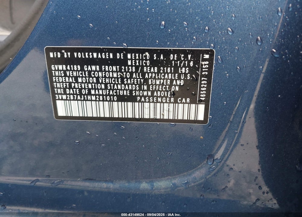 2017 VOLKSWAGEN JETTA VIN: 3VW2B7AJ1HM281010