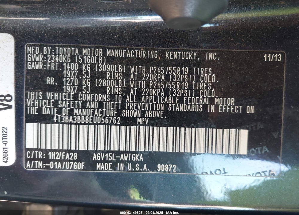 2014 TOYOTA VENZA VIN: 4T3BA3BB8EU056762