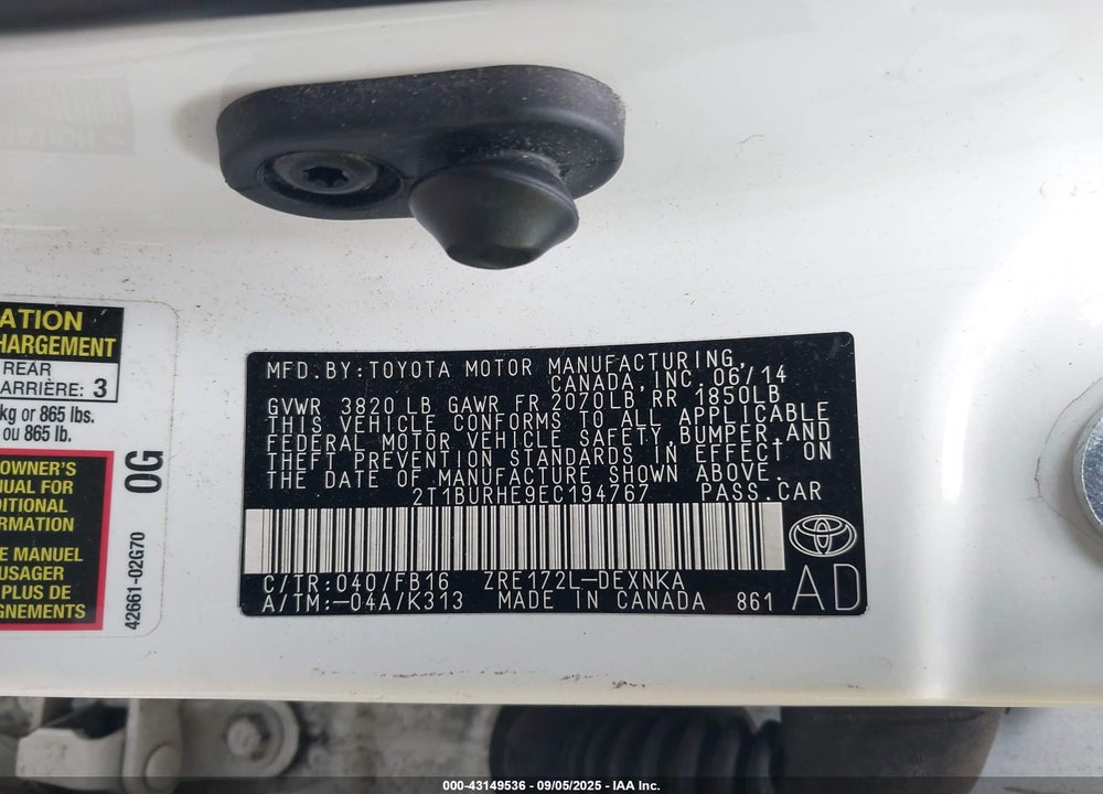 2014 TOYOTA COROLLA VIN: 2T1BURHE9EC194767