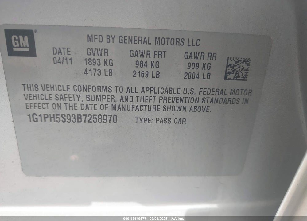 2011 CHEVROLET CRUZE VIN: 1G1PH5S93B7258970