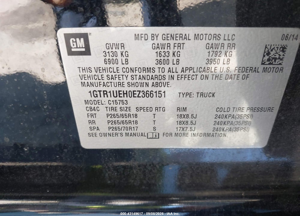 2014 GMC SIERRA 1500 VIN: 1GTR1UEH0EZ366151
