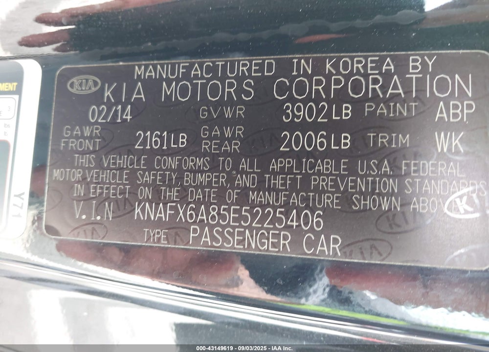 2014 KIA FORTE VIN: KNAFX6A85E5225406