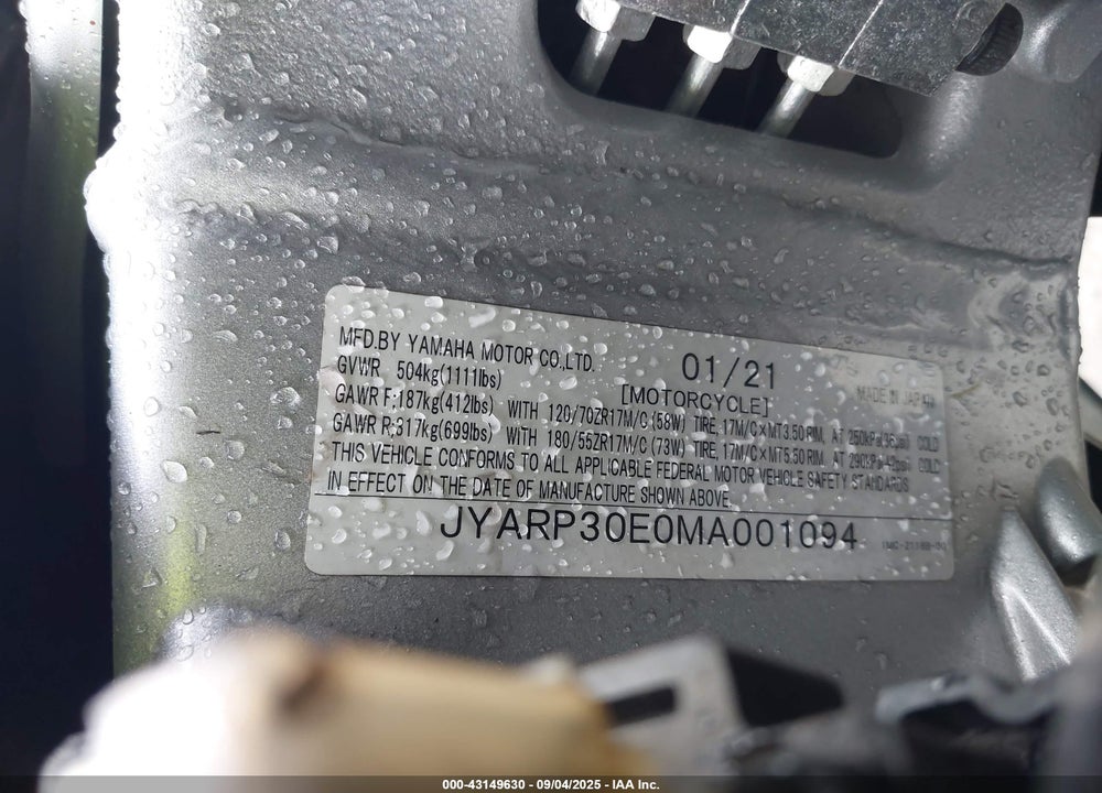 2021 YAMAHA FJR1300 AE VIN: JYARP30E0MA001094