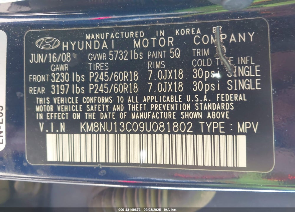 2009 HYUNDAI VERACRUZ VIN: KM8NU13C09U081802