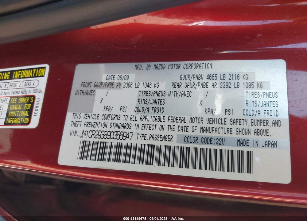 2009 MAZDA 5 VIN: JM1CR293890356947