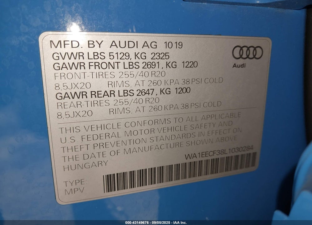 2020 AUDI Q3 VIN: WA1EECF38L1030284