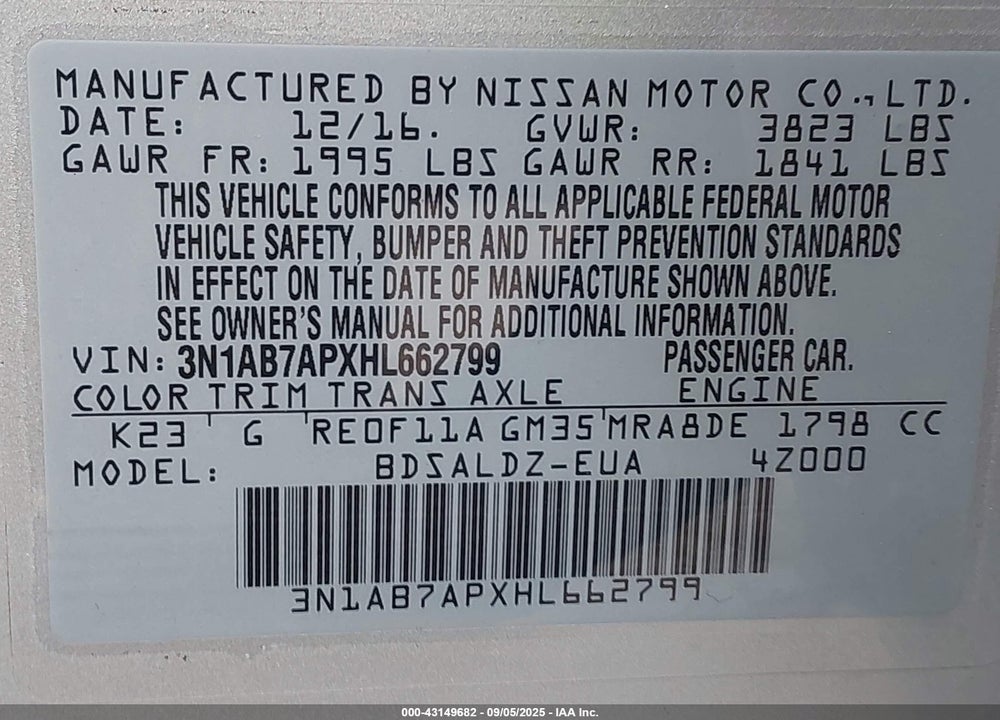 2017 NISSAN SENTRA SV VIN: 3N1AB7APXHL662799