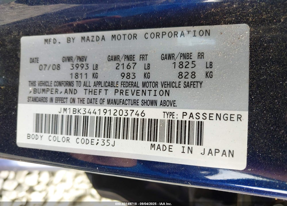 2009 MAZDA 3 S GRAND TOURING VIN: JM1BK344191203746