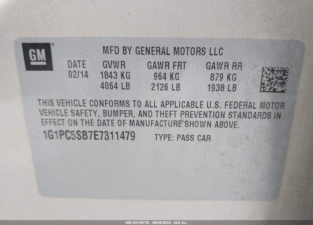 2014 CHEVROLET CRUZE 1LT AUTO VIN: 1G1PC5SB7E7311479
