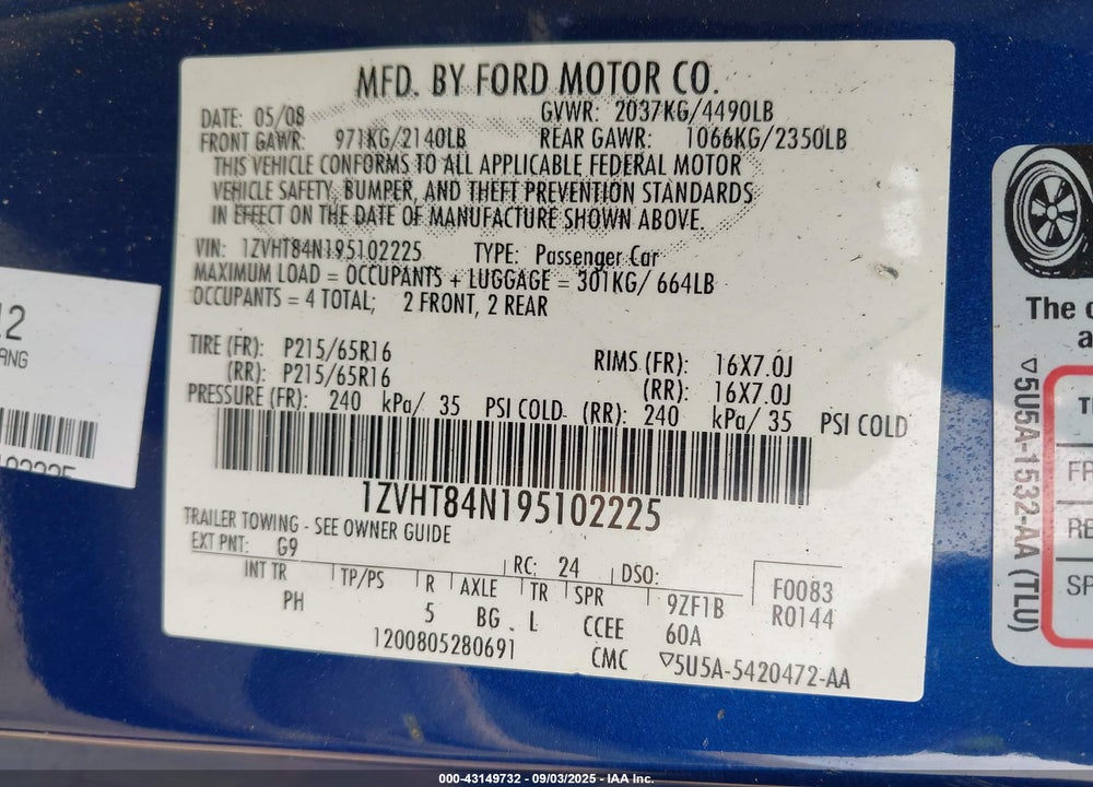 2009 FORD MUSTANG VIN: 1ZVHT84N195102225