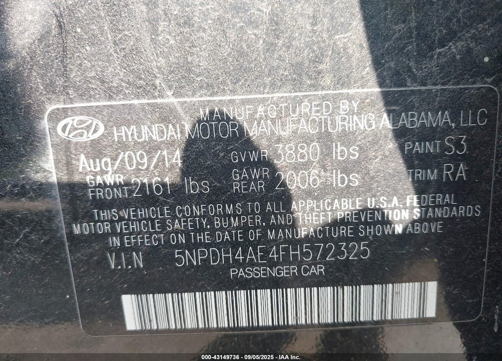 2015 HYUNDAI ELANTRA SE VIN: 5NPDH4AE4FH572325