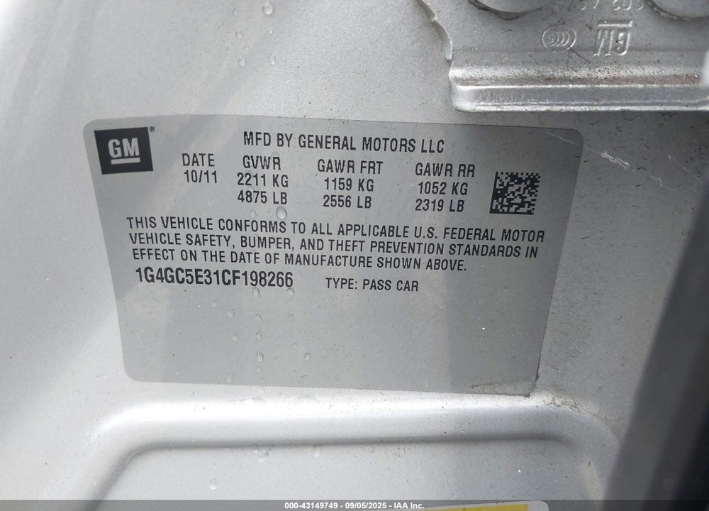 2012 BUICK LACROSSE VIN: 1G4GC5E31CF198266