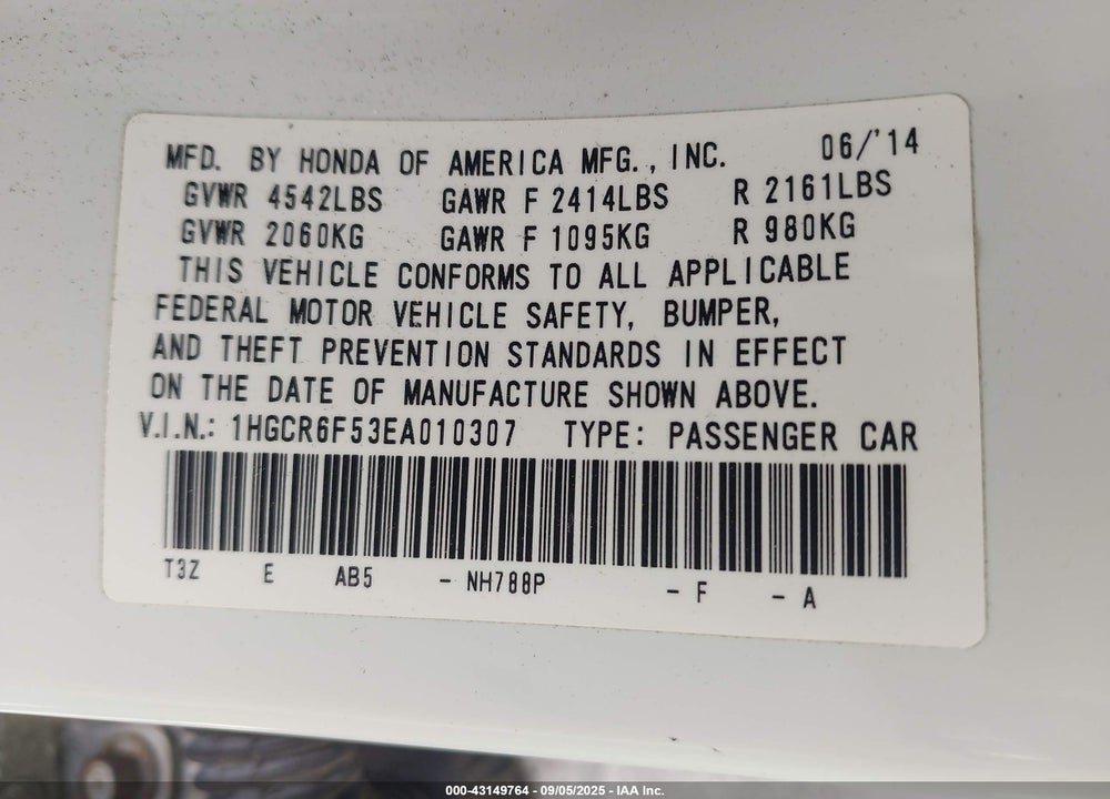 2014 HONDA ACCORD HYBRID VIN: 1HGCR6F53EA010307
