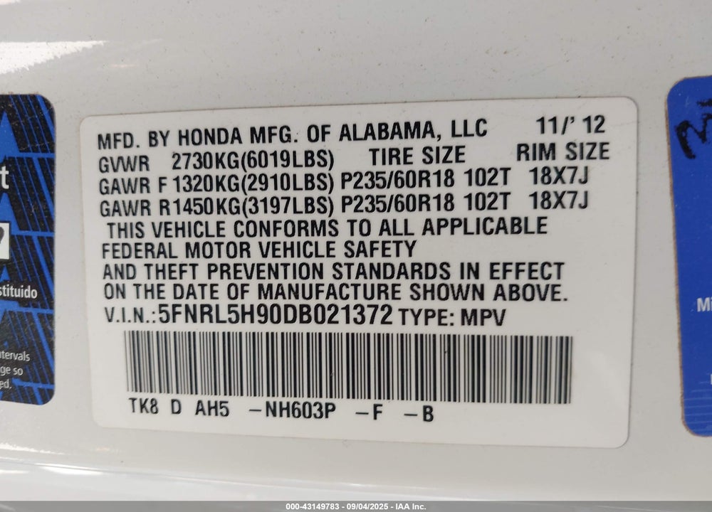 2013 HONDA ODYSSEY TOURING/TOURING ELITE VIN: 5FNRL5H90DB021372