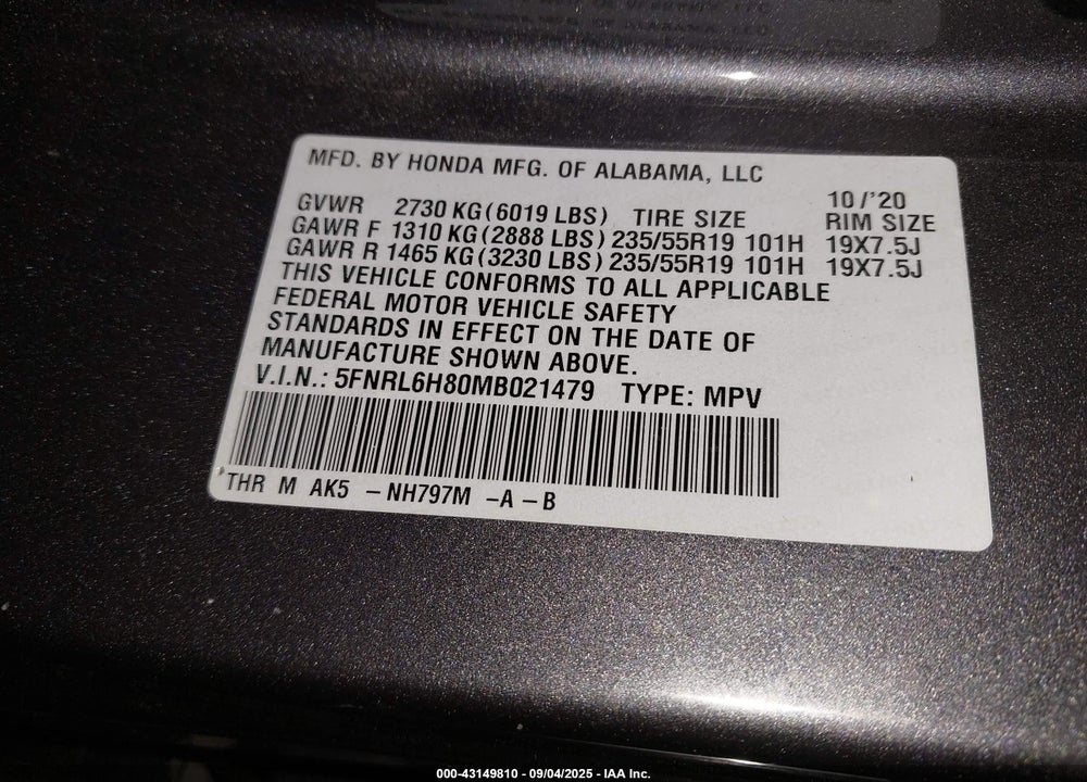 2021 ODYSSEY HONDA  TOURING VIN: 5FNRL6H80MB021479