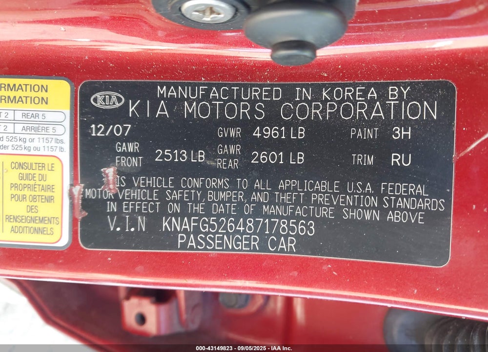 2008 KIA RONDO EX V6 VIN: KNAFG526487178563
