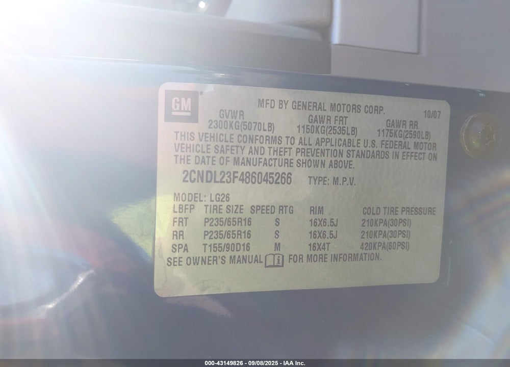 2008 CHEVROLET EQUINOX LS VIN: 2CNDL23F486045266